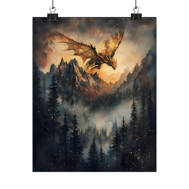 Golden Dragon Wall Art | Fantasy Forest Dragon Print | Mystical Creature Home Decor, fire dragon print, dnd wall art, golden dragon poster image 2