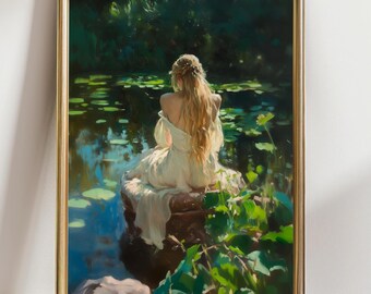 Serene Woman by Lake Wall Art Print, Romantic Nature Portrait Painting, Cottagecore Feminine Landscape Decor