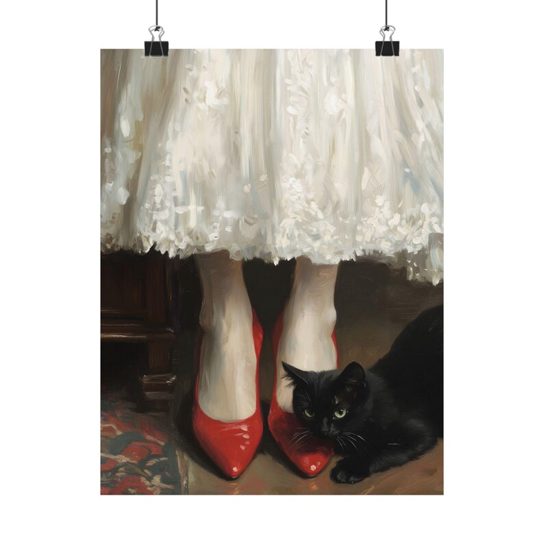 Black Cat and Red Heels Wall Art Print, Vintage Parisian Fashion Painting Elegant Woman Legs Artwork, Chic Decor, Stylish Cat Lover Wall Art afbeelding 8