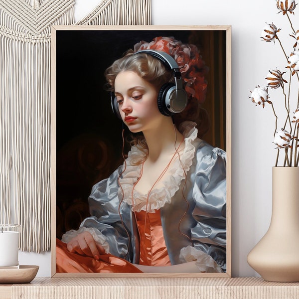 Victorian Lady with Headphones Vintage Portrait art print, Eclectic Decor, Altered Art, Dark Decor girl room preppy Eclectic wall decor