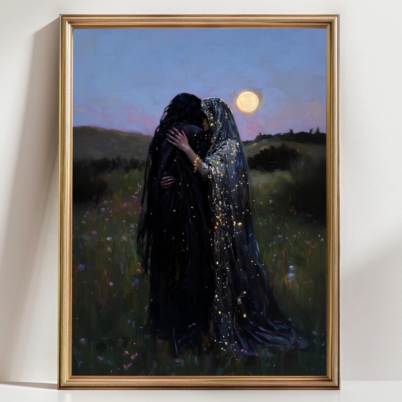 May include: A framed artwork depicts two figures embracing in a field under a moonlit sky. One figure is draped in black, the other in black with gold accents. The background features a field of wildflowers and rolling hills.