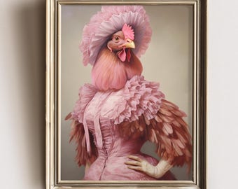 Peut inclure: Un poulet rose portant un grand chapeau rose et une robe rose à volants. Le poulet est debout, l'aile droite levée et la main gauche sur la hanche.