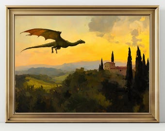 May include: A framed painting depicts a green dragon soaring across a sunset sky. The artwork features a landscape with rolling hills, trees, and a distant building. The dragon has orange wings and is the focal point of the artwork.