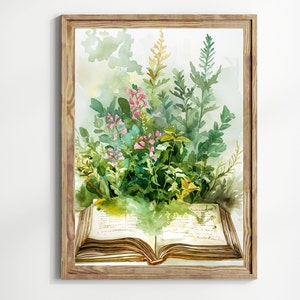 Botanical Watercolor Bookish Art poster, Moody Wall Art Stack of Books Print  Forest Print Library Cottagecore Decor Goblincore
