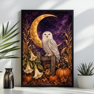 May include: A framed wall art print featuring a white snowy owl perched on a wooden fence. The scene includes a large golden crescent moon in a dark purple starry sky, tall corn stalks, orange pumpkins, and white trumpet-shaped flowers.