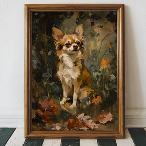 May include: A painting of a small, brown and white chihuahua sitting in a forest setting. The dog is looking up and to the right, with its tongue slightly sticking out. The background is a mix of green and brown foliage, with some red and orange leaves scattered on the ground.
