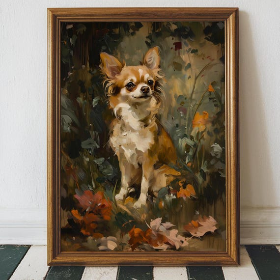 Chihuahua Wall Art, Rustic Floral Dog Print, Cottagecore Pet Portrait Poster