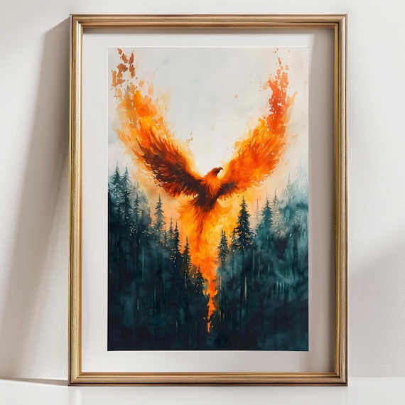 Phoenix Rising Wall Art Print, Fiery Bird in Forest Painting, Mythical Fire Bird Artwork, Fantasy Animal Poster, Bold Inspirational Decor