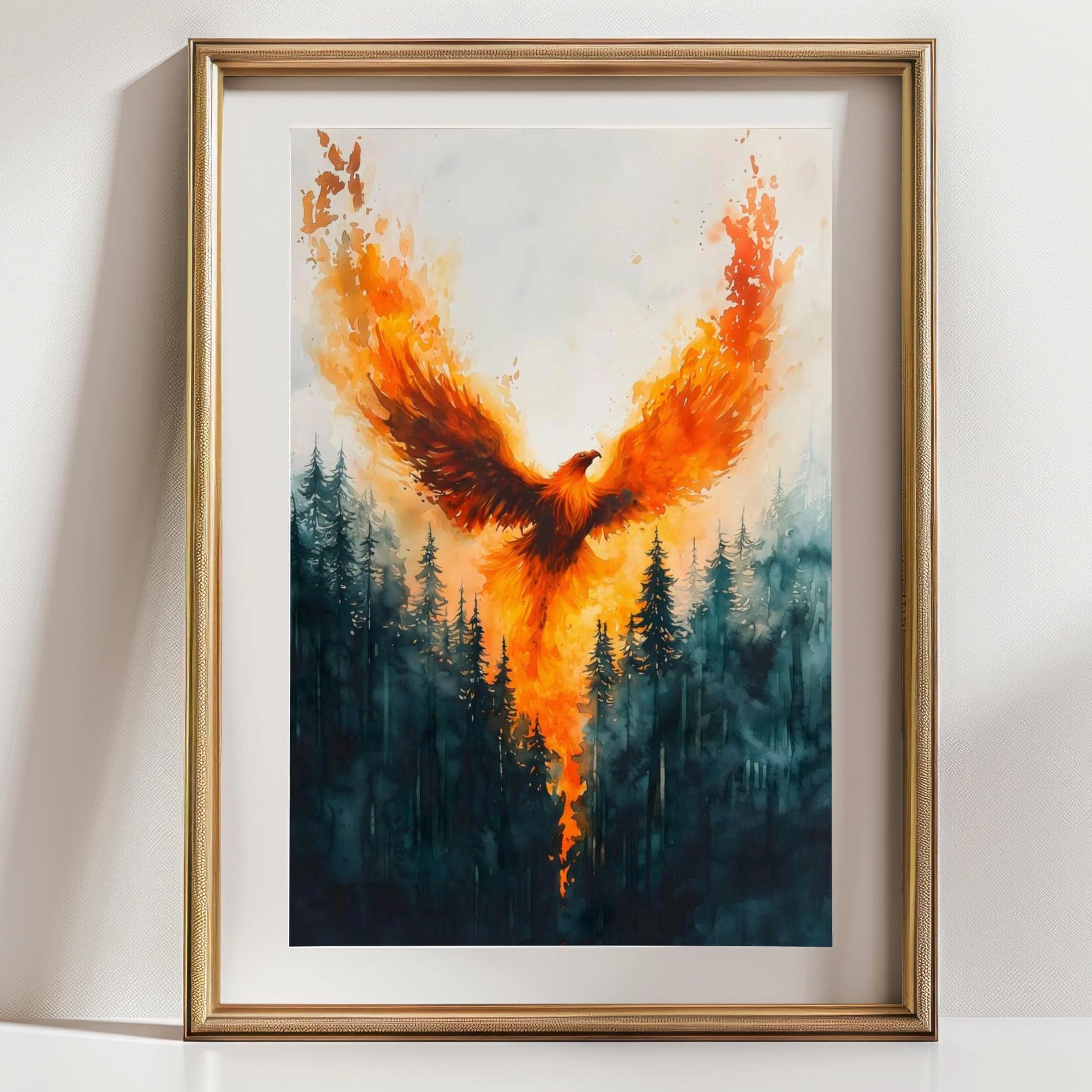 Phoenix Rising Wall Art Print, Fiery Bird in Forest Painting, Mythical ...