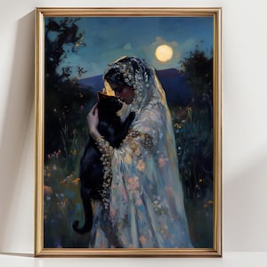 Mystical Black Cat Art Print - Moonlit Woman Holding Cat, Witchy Cottagecore Wall Decor