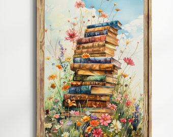 Stack of Books Floral Wall Art Print, Vintage Book Lover Decor, Watercolor Library Art, Cottagecore Reading Poster, Gift for Readers