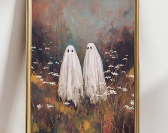 May include: Framed art print featuring two white ghost figures standing in a field of wildflowers. The artwork has a vintage aesthetic with a gold frame and a muted color palette of browns, greens, and whites.
