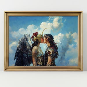May include: A painting of two women in warrior garb kissing. The woman on the left is wearing a golden helmet with a red flower and has wings. The woman on the right is wearing a golden breastplate and a helmet. The background is a blue sky with white clouds.