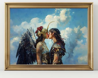 Nike and Athena, Two Goddess in Heaven Wall art Sappho Lesbian decor Art Print, Cottagecore, Lesbian Wall art, greek mythology art painting