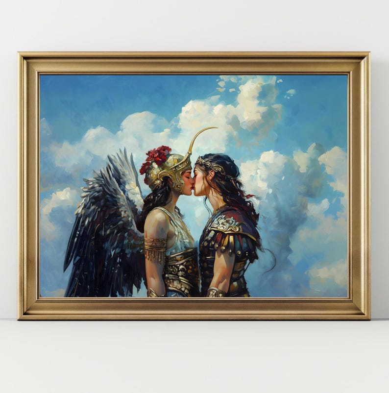 May include: A painting of two women in warrior garb kissing. The woman on the left is wearing a golden helmet with a red flower and has wings. The woman on the right is wearing a golden breastplate and a helmet. The background is a blue sky with white clouds.