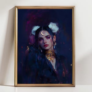 Celestial Moon Priestess Art Print | Dark Fantasy Witch Wall Decor | Gothic Lunar Goddess Portrait