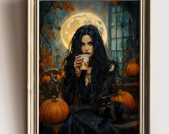 Autumn Witch Black Cat Wall Art, Halloween Moon Pumpkin Print, Gothic Poster