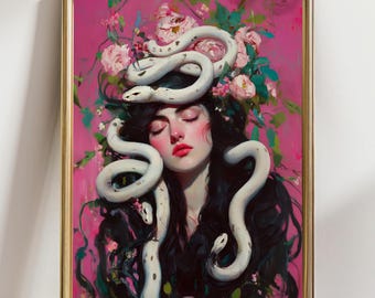 May include: A framed art print featuring a woman with long black hair, closed eyes, and red lips. White snakes are draped around her head and shoulders, amidst pink flowers and green foliage against a pink background.