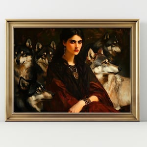 Mystic Hecate with Wolves Art Print Dark Fantasy Wall Decor, Wild Wolf Guardian Painting, Powerful Feminine Energy Artwork