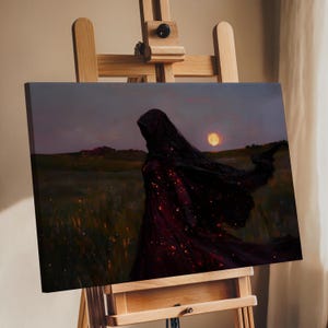 Dark Gothic Canvas Wall Art, Witch Silhouette at Sunset, Fantasy Witchy Wall Decor, Mystical Wrapped Canvas Print