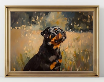May include: A framed painting of a Rottweiler dog in a field. The dog is black and tan, with a focused expression. The background features soft brushstrokes of green, yellow, and brown, suggesting a sunny day.