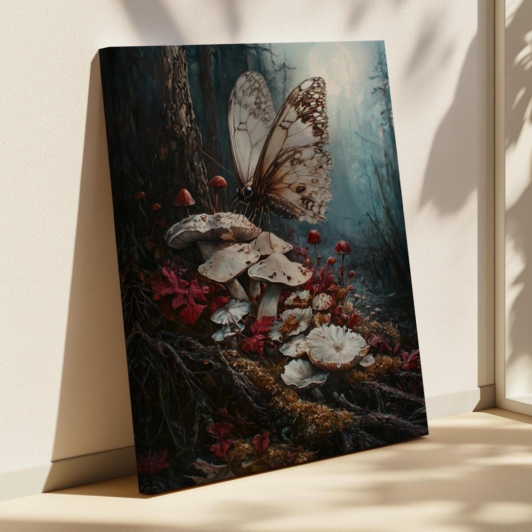 Mystical Moth and Mushroom Forest Canvas Art Dark Cottagecore Wall ...