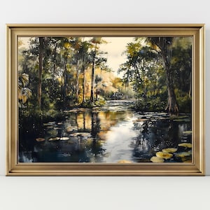 Moody Crystal River Painting Florida Art Print Forest River Watercolor Landscape Florida Wall Art Aquarell Landscape  Florida Wetlands