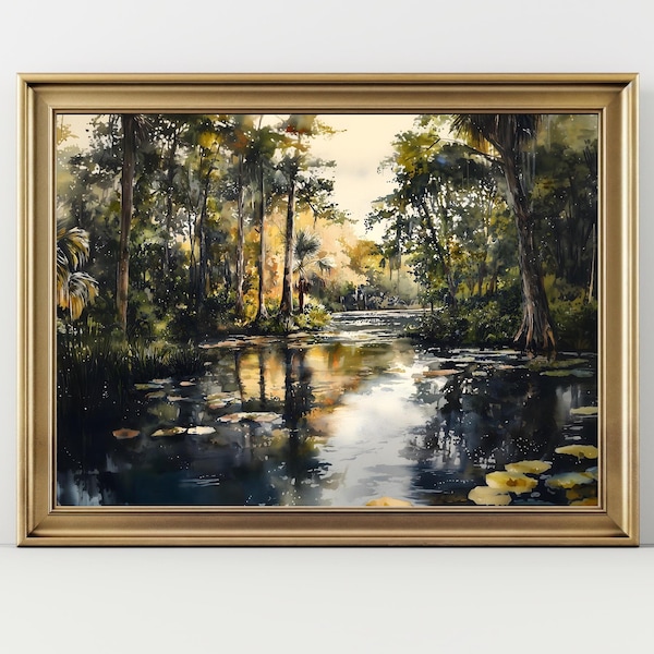 Moody Crystal River Painting Florida Art Print Forest River Watercolor Landscape Florida Wall Art Aquarell Landscape  Florida Wetlands