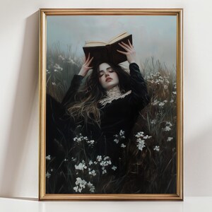 Dark Academia Reading Girl Art Print - Moody Floral Book Lover Painting - Gothic Literary Wall Decor
