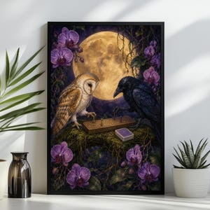 May include: A framed wall art print depicting a barn owl and a black raven playing a game of cribbage on a mossy tree branch. A large, glowing full moon illuminates the scene, which is surrounded by vibrant purple orchid flowers and vines.