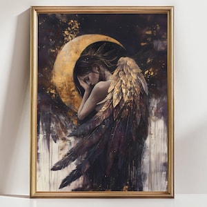 Golden Angel Wall Art Print – Ethereal Winged Woman with Crescent Moon, Celestial Fantasy Decor, Dreamy Spiritual Bedroom Poster