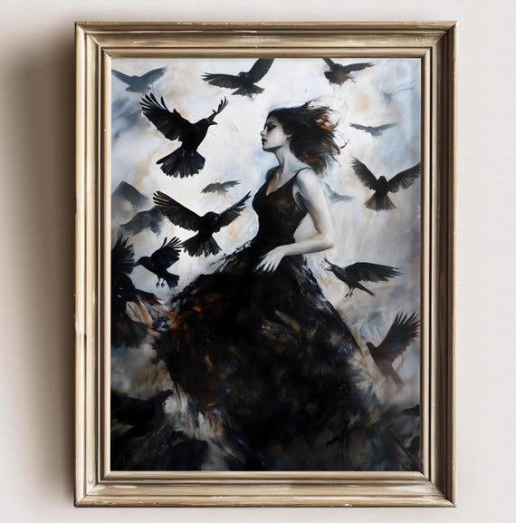 Witch and Crows Wall Art Print Vintage Dark Cottagecore Ravens