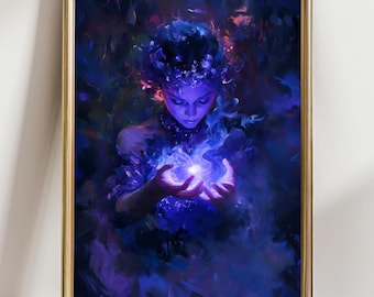 Mystical Energy Witch Art Print – Fantasy Magic Wall Decor, Glowing Hands Sorceress, Ethereal Purple Spirit Illustration