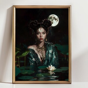 Moon Priestess Wall Art - Mystical Woman Portrait, Celestial Decor, Dark Fantasy Goddess Print