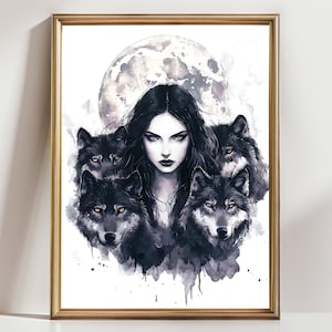 Wolf Pack Moon Goddess Art Print – Dark Woman with Wolves and Full Moon – Mystical Fantasy Wall Decor for Witchy Interiors
