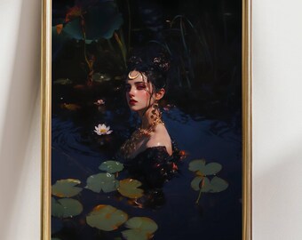 Dark Water Nymph Art Print, Gothic Woman in Pond, Moody Fantasy Wall Art