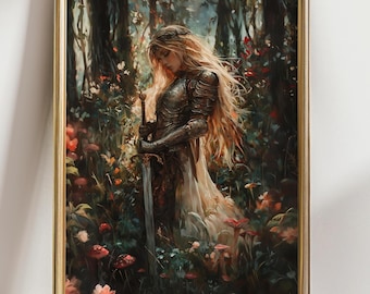 May include: A woman in armor stands in a forest, holding a sword. She is surrounded by lush greenery and flowers. The scene is painted in a realistic style with a focus on detail.