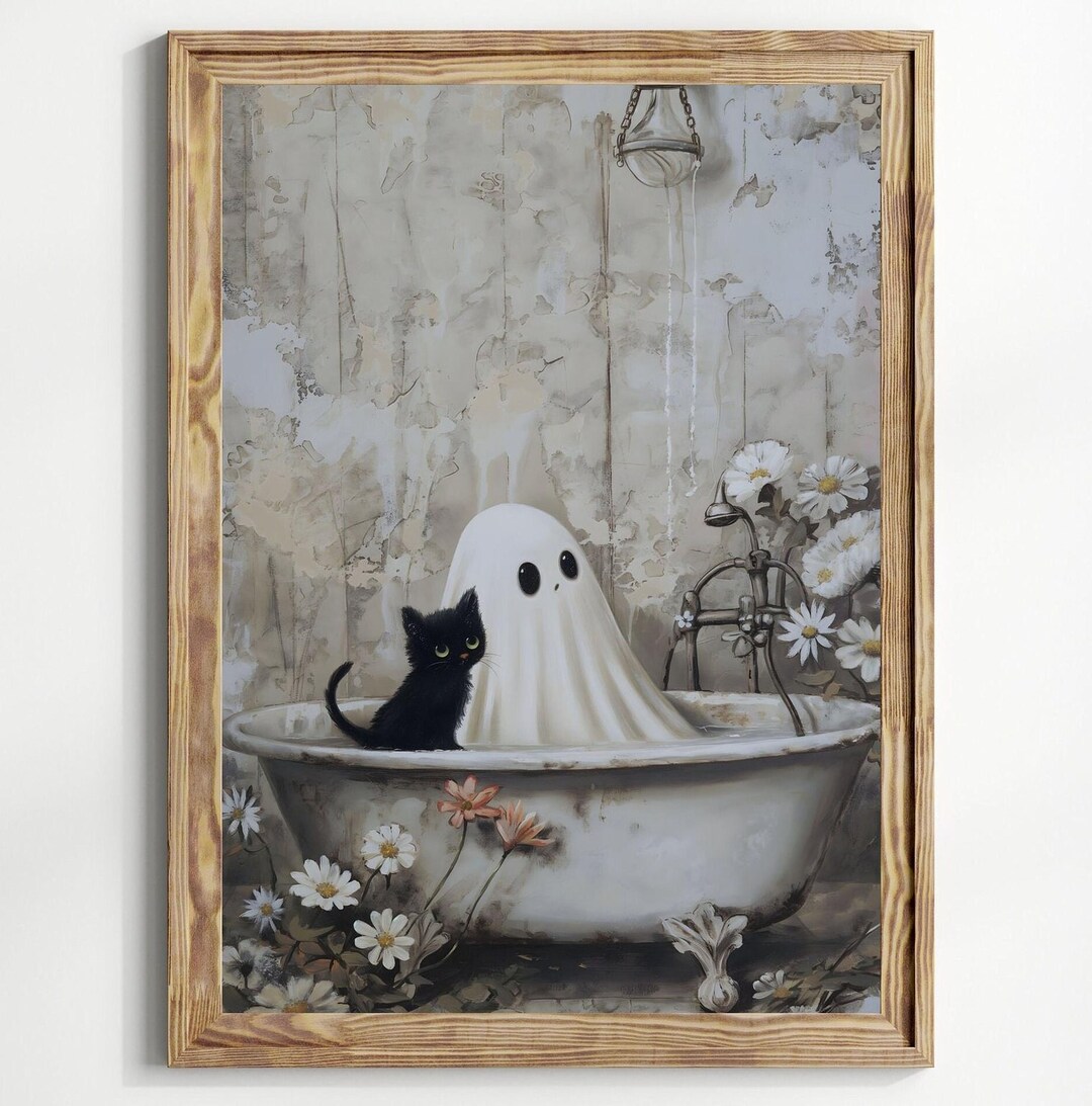 Spooky Cute Ghost and Black Cat Art Print: Witchy Halloween Decor - Etsy
