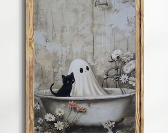 Spooky Cute Ghost and Black Cat Art Print: Witchy Halloween Decor