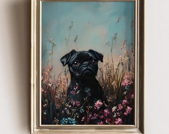Black Pug Dog Print Vintage Wildflower Moody Dark Painting Dog owner Gift Wildflower Wall Art Print Floral Cottagecore Landscape Farmhouse
