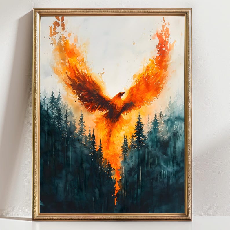 May include: A watercolor painting of a phoenix rising from a forest. The phoenix is orange and yellow with its wings spread wide. The forest is dark green and the background is white.
