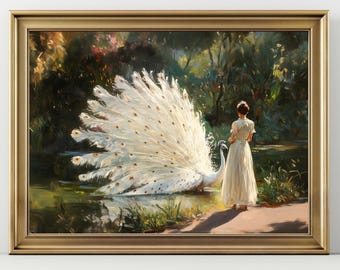 Woman and White Peacock Print, Elegant Vintage Garden Wall Art, Classic Oil Painting Bird Poster
