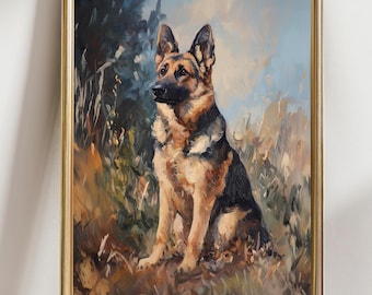 German Shepherd Painting, Shepherd Dog Wall Art, Classic Dog Portrait Print, Rustic Nature Animal Artwork, Vintage Style Pet Decor