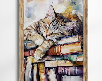Cat Dark Academia Wall Art Print, Moody Bookshelf Cat Painting, Cozy Reading Decor, Witchy Cat Art, Book Lover Gift Print