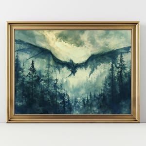 Flying Dragon Watercolor Art Horizontal Art Print fantasy art forest and a dragon Fantasy Painting, Watercolor illustration Dark Academia