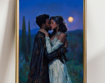 May include: A framed print of a romantic scene. A couple embraces and kisses under a moonlit sky. The woman wears a white dress with lace sleeves, and the man wears a dark cloak with gold accents. The background features trees and rolling hills.