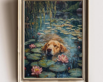Impresión de perro Golden Retriever de mal humor, pintura vintage de flores de loto, arte de pared, estampado floral estilo cottagecore, paisaje de granja.