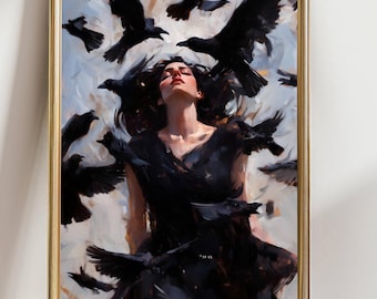 Raven Witch and Crow Painting - Dark Feminine Decor, Gothic Wall Art Print