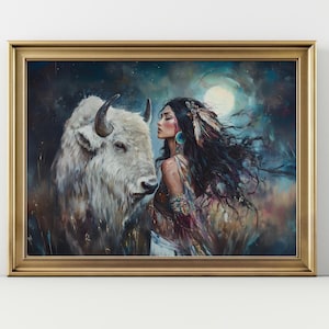 Sioux Goddess with White Buffalo Print, Matte Print Wall Art, Native American Home Decor, Ethnic Room Poster, Spiritual Art, Lakota Myth