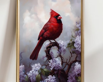 Red Cardinal Wall Art Print, Bird Painting with Flowers, Nature Artwork, Cardinal Bird Decor, Woodland Wall Art